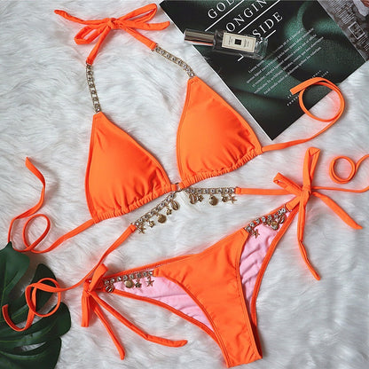 Sexy Strappy Plain Female Split Crystal Diamond Bikini Creative Accessories Swimsuit