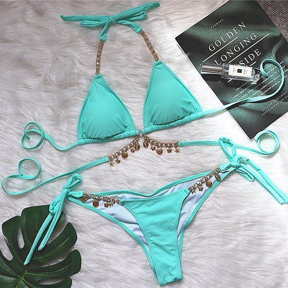 Sexy Strappy Plain Female Split Crystal Diamond Bikini Creative Accessories Swimsuit