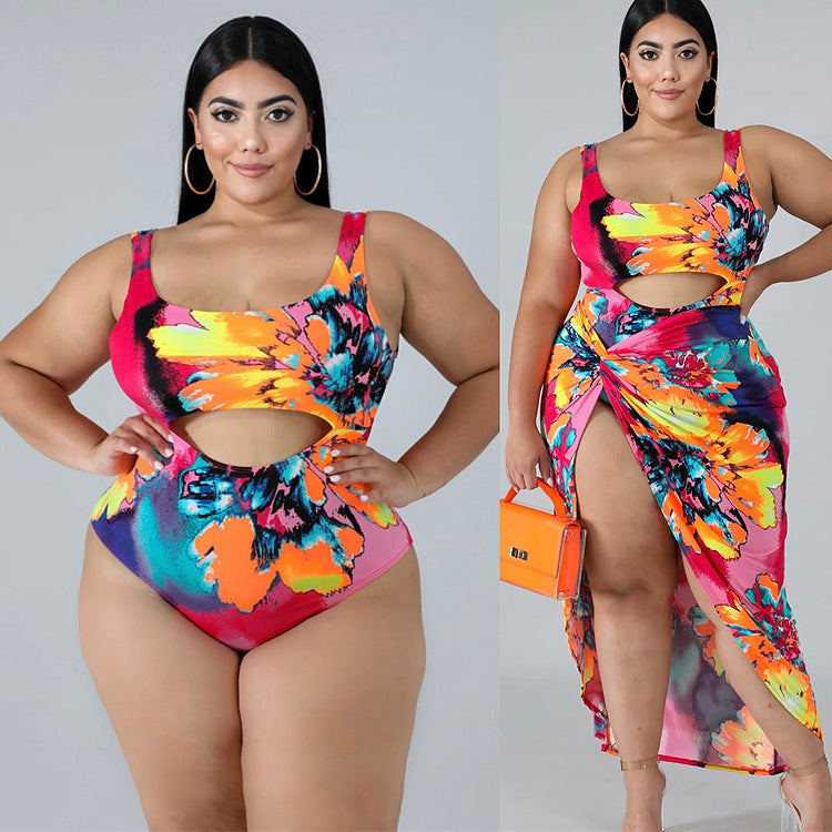 Plus Size Baddräkt Ett stycke Kjol Print Plus Size Baddräkt