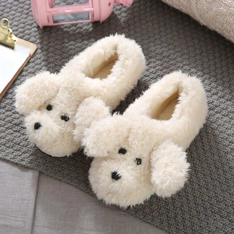 Comwarm Cute Dog Short Plush Slippers For Women Winter Warm Furry Cotton Shoes Couples Home Indoor Bedroom Cozy Slippers