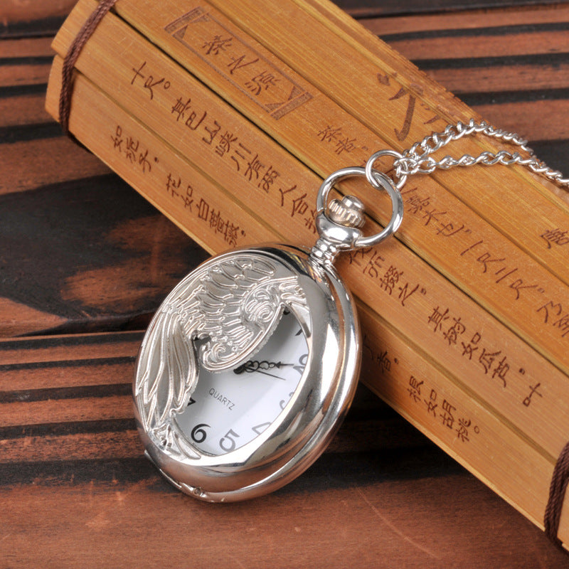 Hollowed out Eagle Silver Quartz Pocket Watch