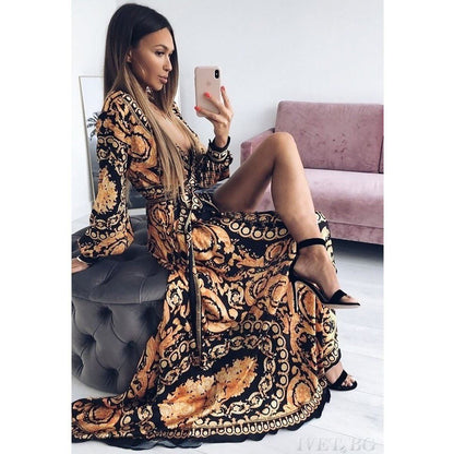 Slit Dress Printed V-neck Pullover Long Skirt