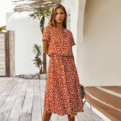 Robe à manches courtes et col chemise pour femmes, point ondulé