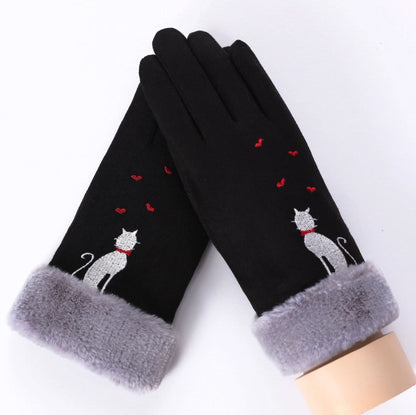 New Winter Female Lace Warm Cashmere Three Ribs Cute Bear Mittens Double thick Plush Wrist Women Touch Screen Driving Gloves 81C