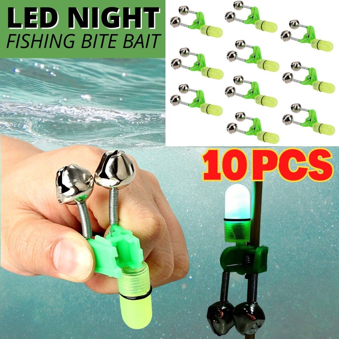 10x LED alarme de morsure d'appât de pêche de nuit double 2 cloches tige lumineuse pointe Clip anneau d'alerte