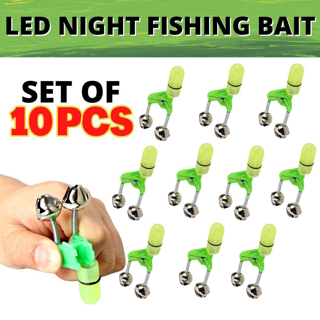 10x LED alarme de morsure d'appât de pêche de nuit double 2 cloches tige lumineuse pointe Clip anneau d'alerte