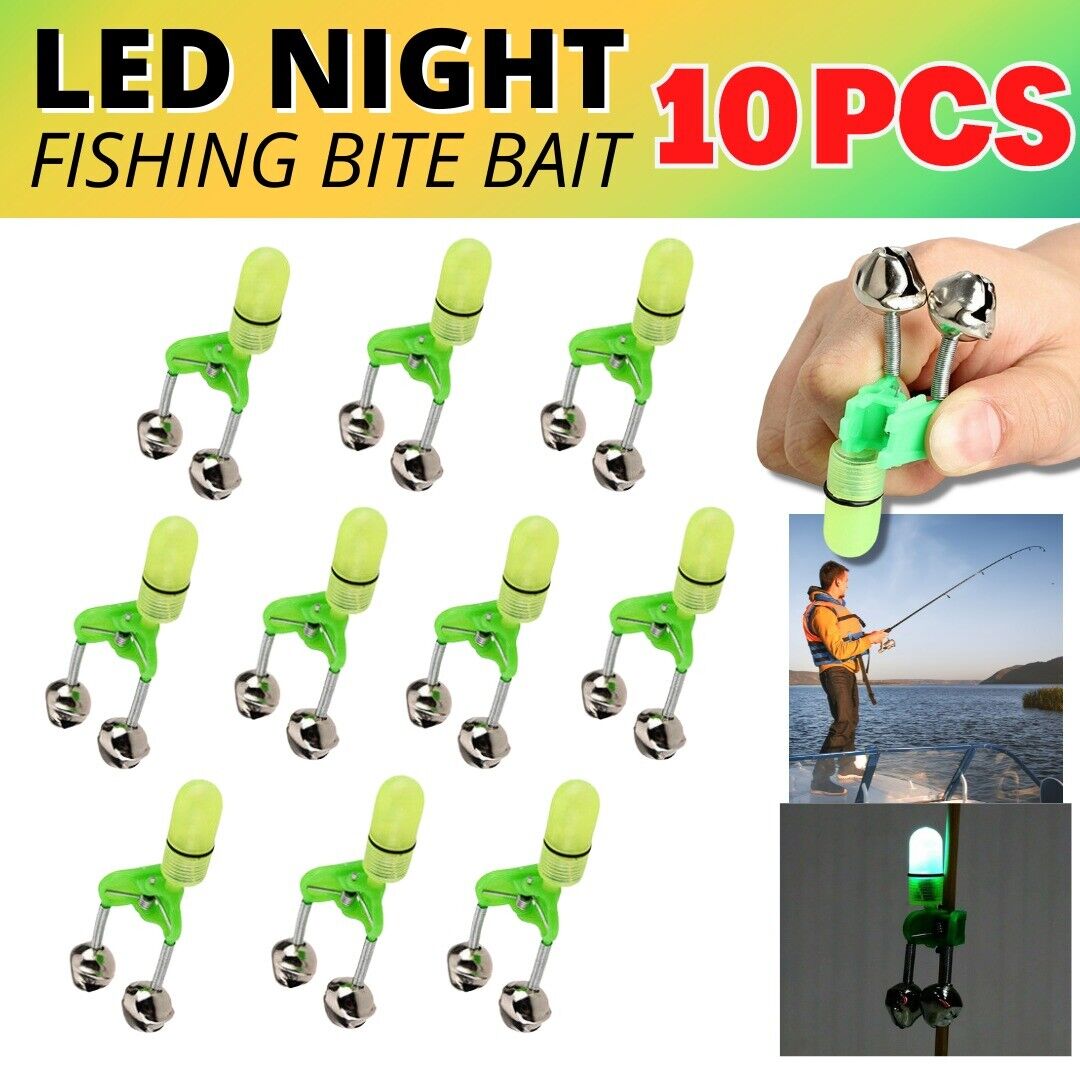 10x LED alarme de morsure d'appât de pêche de nuit double 2 cloches tige lumineuse pointe Clip anneau d'alerte