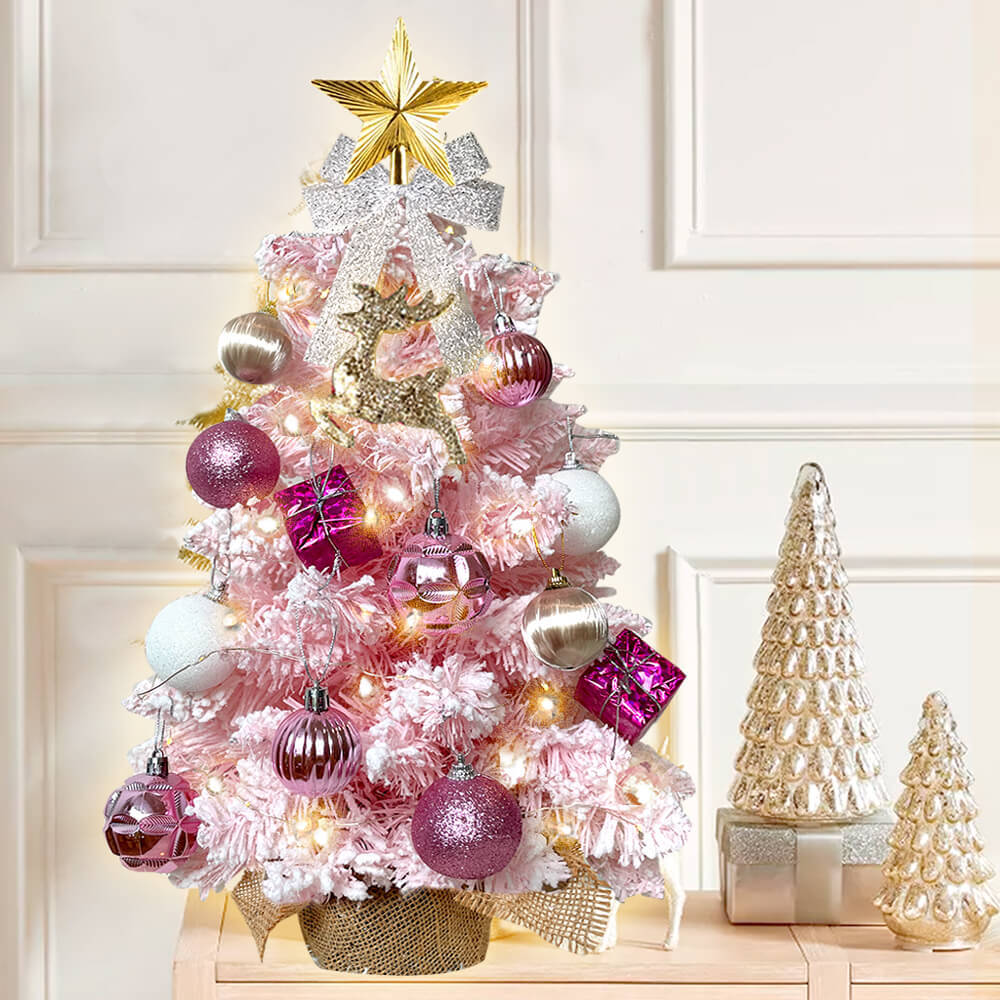 Mini sapin de Noël de 2 pieds avec petite décoration de Noël artificielle légère avec neige floquée, décor exquis et ornements de Noël pour dessus de table pour la maison et le bureau