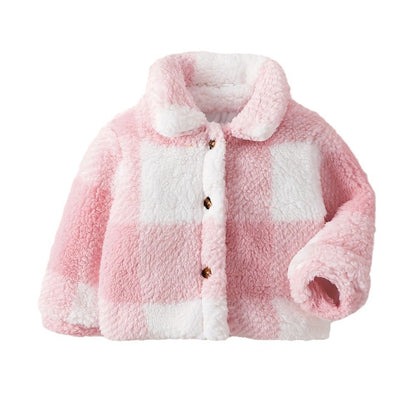 Children Girls' Autumn And Winter Lapel Plaid Single-breasted Long Sleeve Fashionable Korean Style Fashionable Velvet Coat