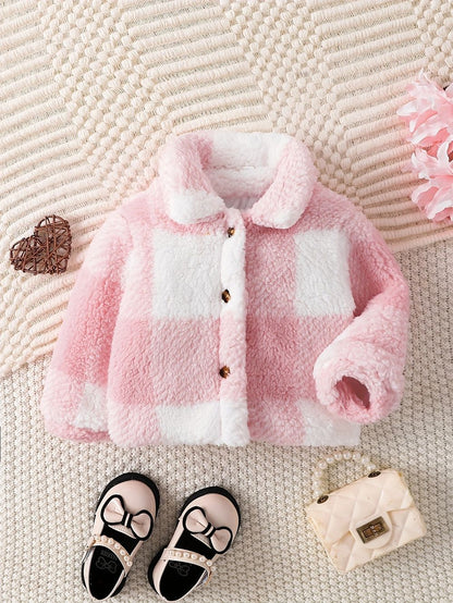 Children Girls' Autumn And Winter Lapel Plaid Single-breasted Long Sleeve Fashionable Korean Style Fashionable Velvet Coat