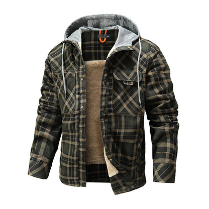 Men Warm Jacket Fleece Lining Lumberjack Plaid Hooded Jackets Snap Button