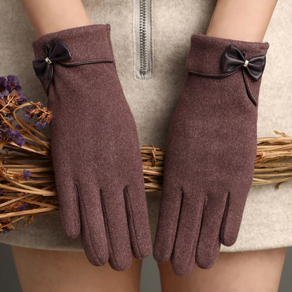 Fleece-lined De Suede Bow Gloves Touch Screen Warm Outdoor All-matching