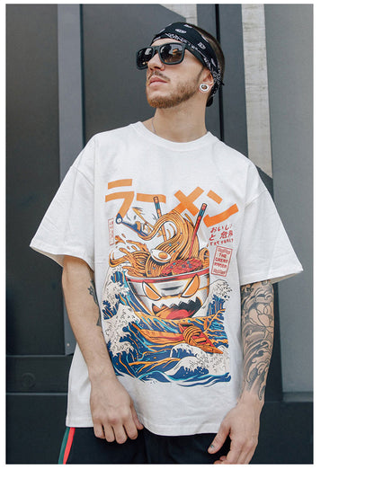 Japansk retro-T-shirt i Harajuku-stil med kort ärm för män, lösa axelärmar för ungdomar