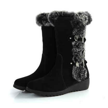 Brown New Winter Women Casual Warm Fur Mid-Calf Boots Shoes Women Slip-On Round Toe Flats Snow Boots Shoes