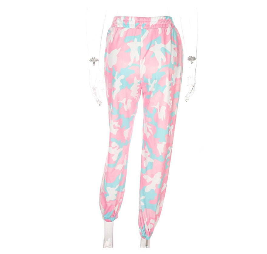 NCLAGEN 2021 Nya kvinnor rosa camouflage Skriv ut byxor Lös Harem Camo byxor Spring High Midja Casual Joggers Elastik S Vetbyxor