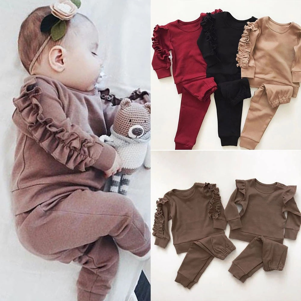 Nyfödd bebis Pojkar Flickor Volanger Jumper Solid Långärmad tröja Toppar Byxor Spädbarn Barn 2st Outfits Kläder Set Höstkläder