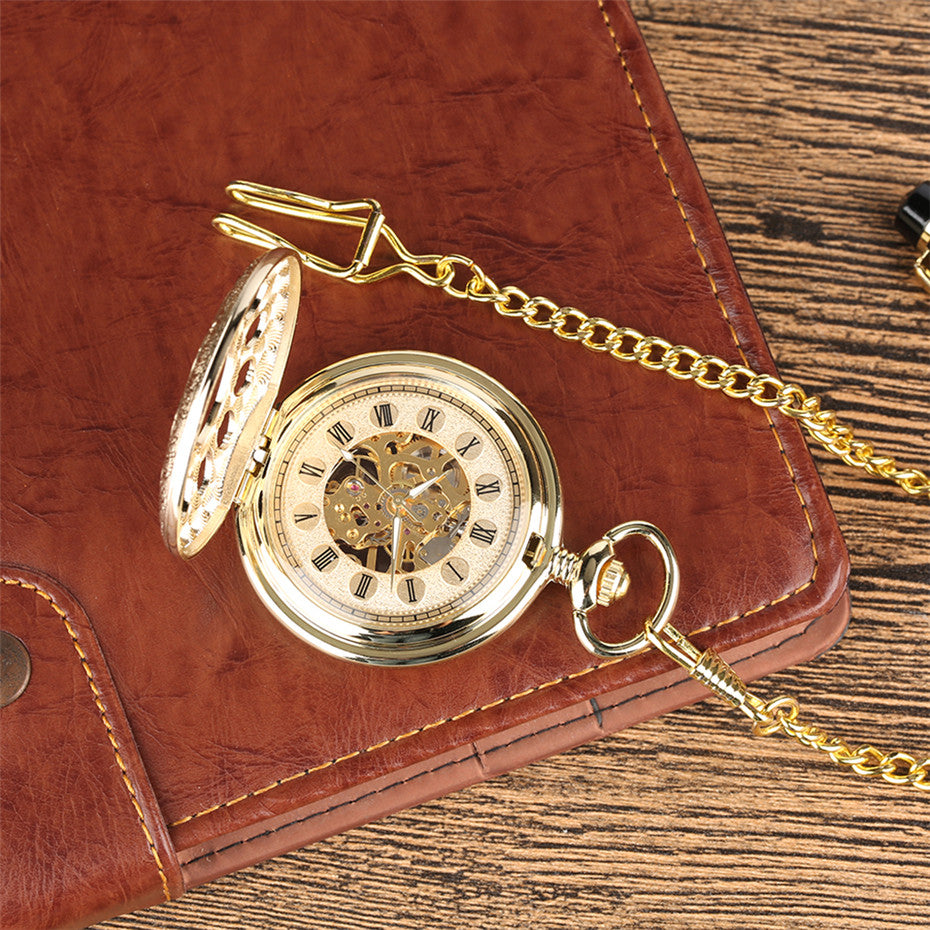 Fashionable Golden Roman Characters Hollow-out Petals Retro Mechanical Pocket Watch