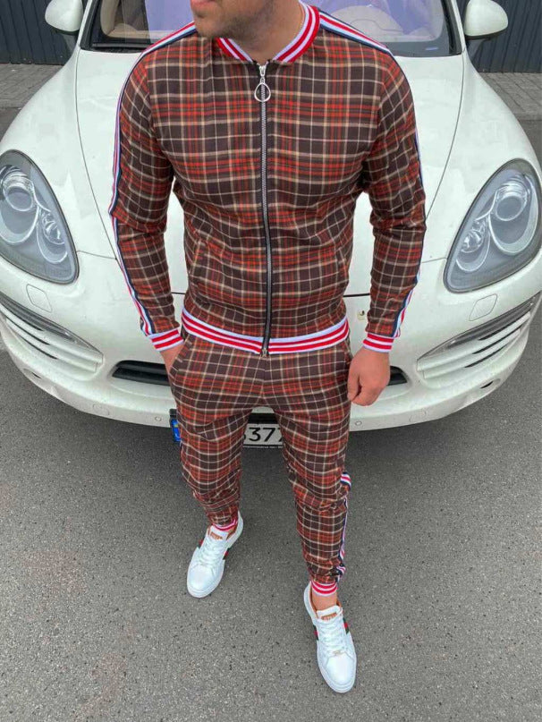 Fashion casual men's suit striped plaid jacket long pants men