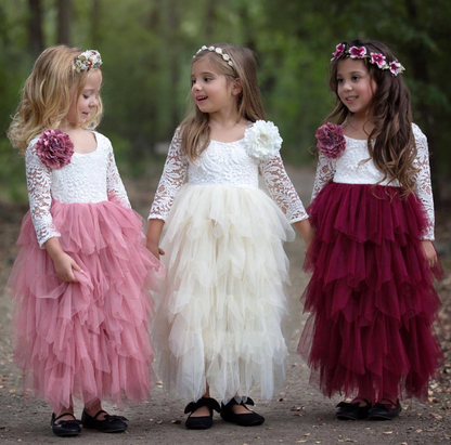 Jupe creuse en dentelle pour enfants, tenue de princesse blanche à manches longues pour filles, robe irrégulière, automne et hiver