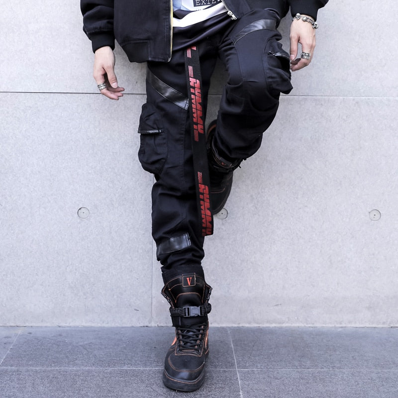 Men High Street Fashion Leather Pocket Splice Casual Cargo Pant Male Hip Hop Harem Pants Long Trousers