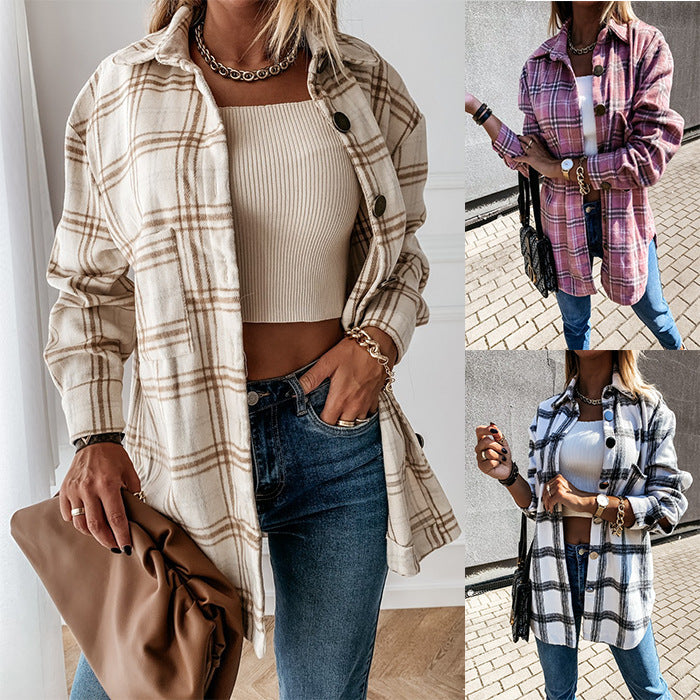 Veste chemise rétro à carreaux à manches longues pour femme