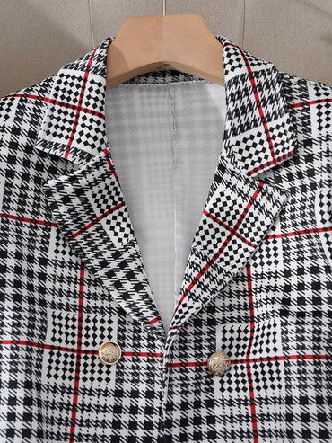 Dammode Casual Slim Kostym Tvådelad Plusstorlekskostym, Rutig Mönster Elegant Kjolkostym Med Knappar, Lapel Långärmad Kavaj Och Hög Midja Kjol, Plusstorlekar Damkläder Amazon Säljer Ej 