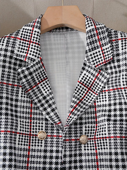 Dammode Casual Slim Kostym Tvådelad Plusstorlekskostym, Rutig Mönster Elegant Kjolkostym Med Knappar, Lapel Långärmad Kavaj Och Hög Midja Kjol, Plusstorlekar Damkläder Amazon Säljer Ej 