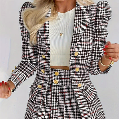 Dammode Casual Slim Kostym Tvådelad Plusstorlekskostym, Rutig Mönster Elegant Kjolkostym Med Knappar, Lapel Långärmad Kavaj Och Hög Midja Kjol, Plusstorlekar Damkläder Amazon Säljer Ej 