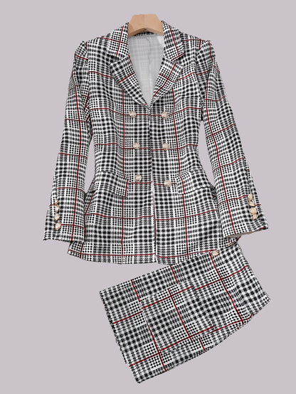 Dammode Casual Slim Kostym Tvådelad Plusstorlekskostym, Rutig Mönster Elegant Kjolkostym Med Knappar, Lapel Långärmad Kavaj Och Hög Midja Kjol, Plusstorlekar Damkläder Amazon Säljer Ej 