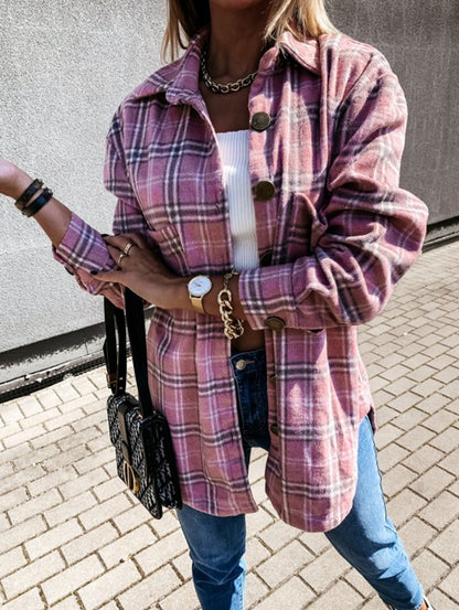 Veste chemise rétro à carreaux à manches longues pour femme