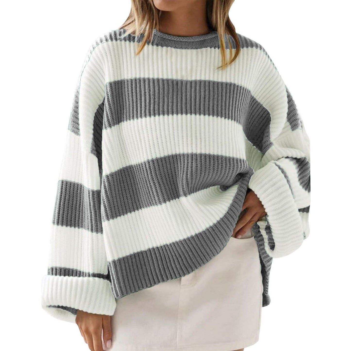 Loose Striped Sweater Fashion Casual Long Batwing Sleeve Round Neck Pullover Knit Tops Women Clothing