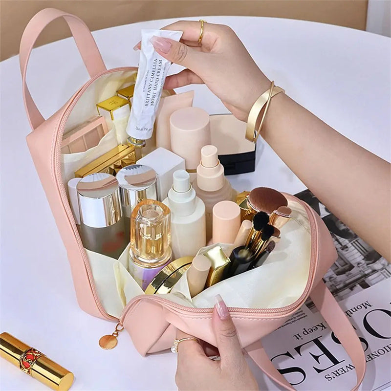 Sac à cosmétiques en cuir PU en forme de coquille, pochette de maquillage étanche avec lettres, sac multifonction à main, fourre-tout de maquillage, sacs de lavage de voyage