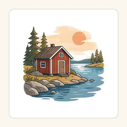 Röd stuga vid sjö – transparent PNG-motiv (clipart)