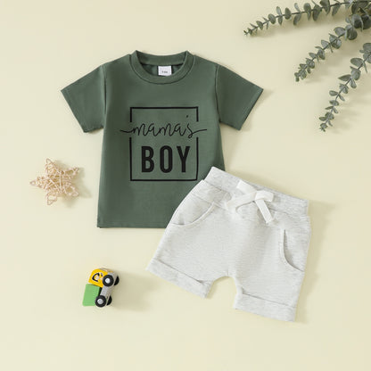Boy's Clothing Printed Pullover Fashion Round Neck Solid Color Short Sleeve Pocket Shorts