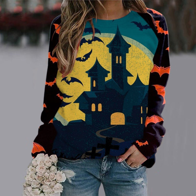 Sweat-shirt imprimé dessin animé d'Halloween, pull à manches longues pour femmes