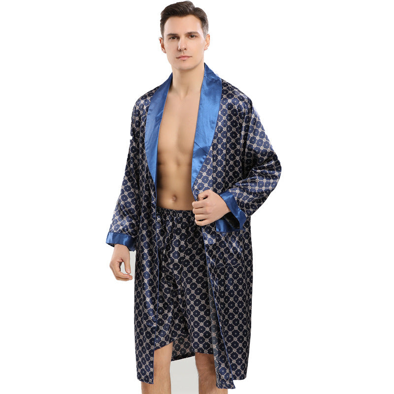 Chemise de nuit en soie à manches longues pour hommes, ensemble deux pièces printemps-été