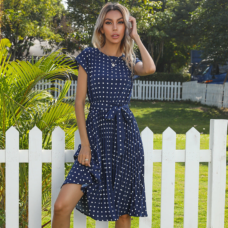 Sommar kvinnor Polka Dot Kort ärm klänning Casual Bandage Party Pleated Midi Klänningar Elegant grön kontor Lady Kläder Klädd