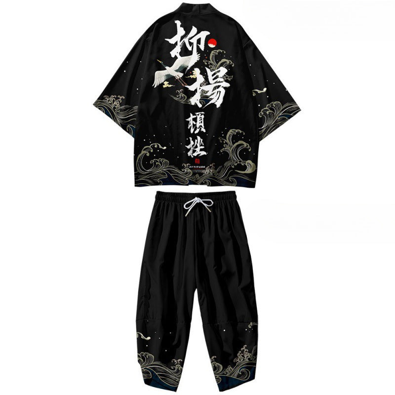 Leisure Feather Weaving Daopao Kimono Capris Large Casual Set