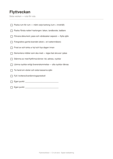 Flyttchecklistan — före, under & efter flytten inkl. flyttstädning (printbar PDF)