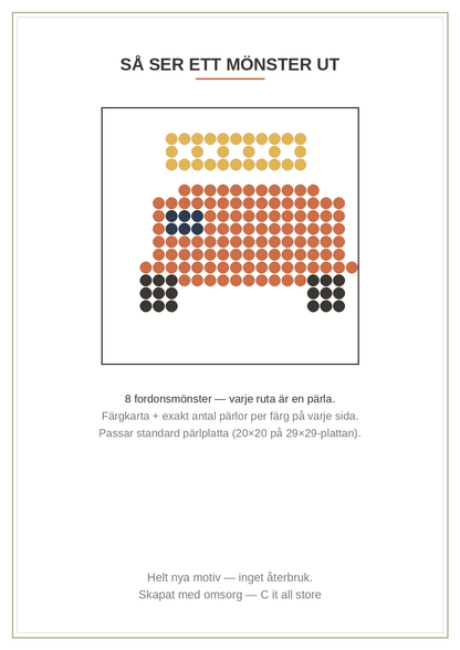 Pärlplattor Fordon vol. 1 — 8 fordonsmönster 20×20 med färgkarta & antal pärlor (printbar PDF)