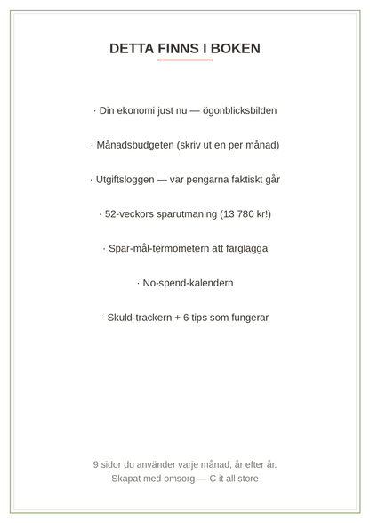Budgetboken — månadsbudget, utgiftslogg, 52-veckors sparutmaning & trackers (printbar PDF)