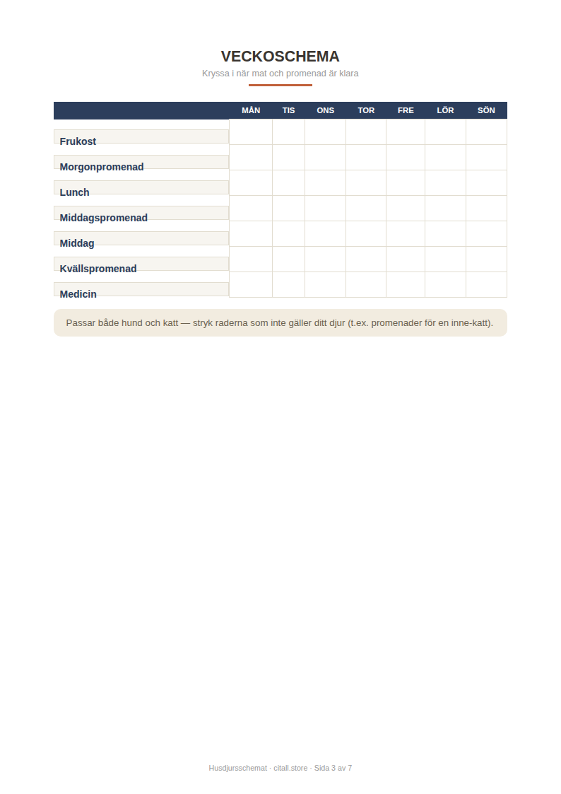 Husdjursschemat — veckoschema, hälsologg, skötsel-checklista & nödkontakter (printbar PDF)