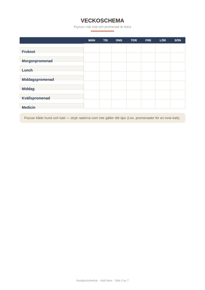 Husdjursschemat — veckoschema, hälsologg, skötsel-checklista & nödkontakter (printbar PDF)