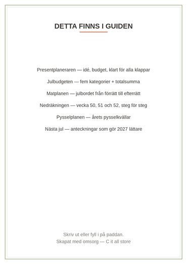 Julguiden 2026 — planera julen utan stress (printbar guide, PDF)
