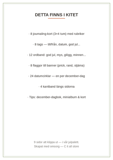Scrapbook-kit Jul — journaling-kort, tags, ordband, banner, datumcirklar & kantband (printbar PDF)