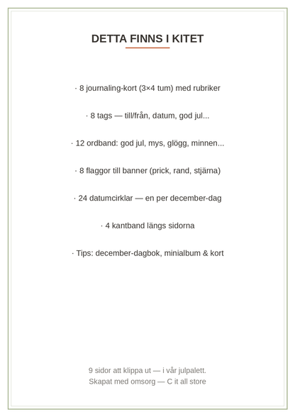 Scrapbook-kit Jul — journaling-kort, tags, ordband, banner, datumcirklar & kantband (printbar PDF)