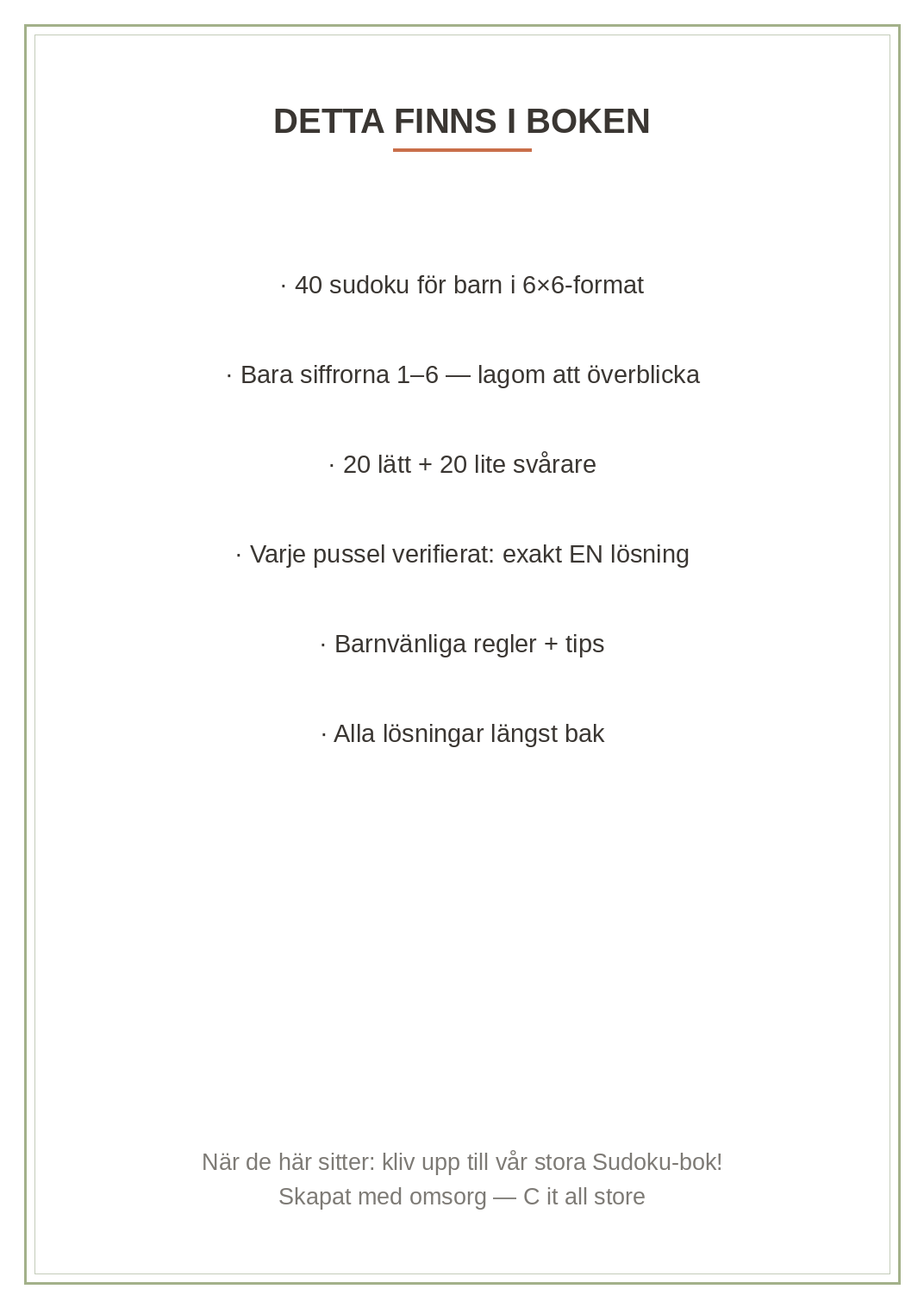 Sudoku för barn — 40 pussel i 6×6-format + lösningar (printbar PDF)