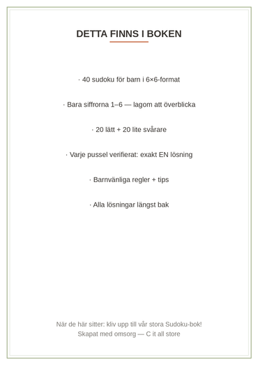 Sudoku för barn — 40 pussel i 6×6-format + lösningar (printbar PDF)