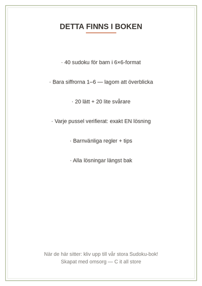 Sudoku för barn — 40 pussel i 6×6-format + lösningar (printbar PDF)