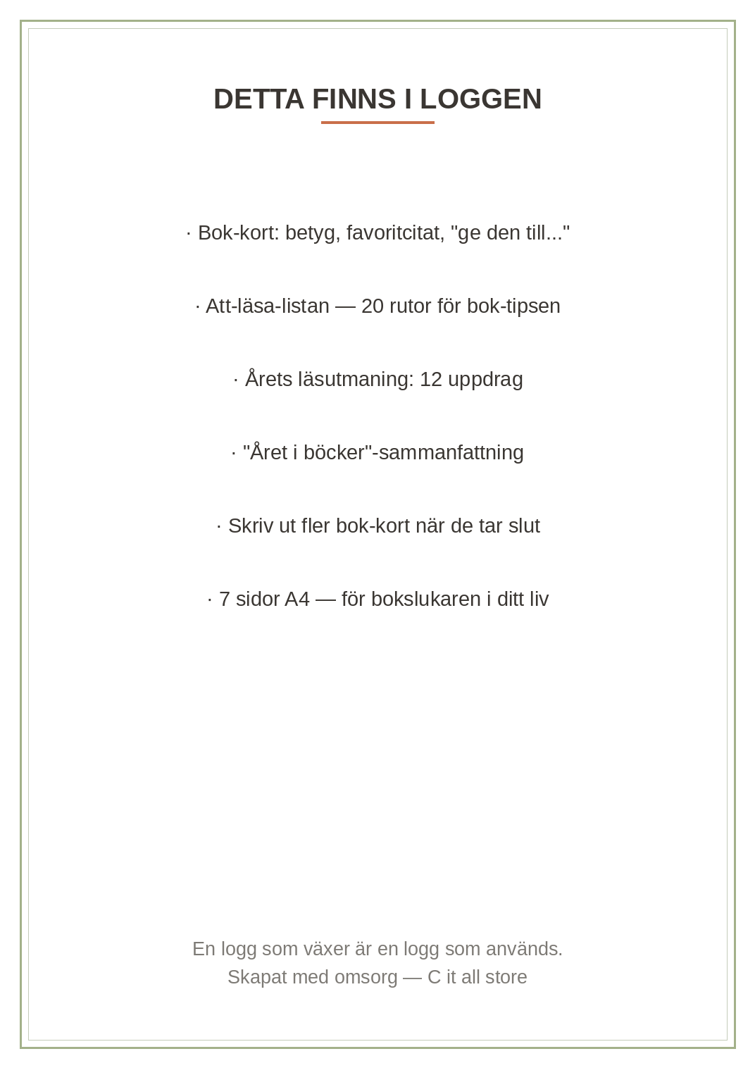 Läsloggen — bokdagbok med bok-kort, att-läsa-lista, läsutmaning & årssammanfattning (printbar PDF)